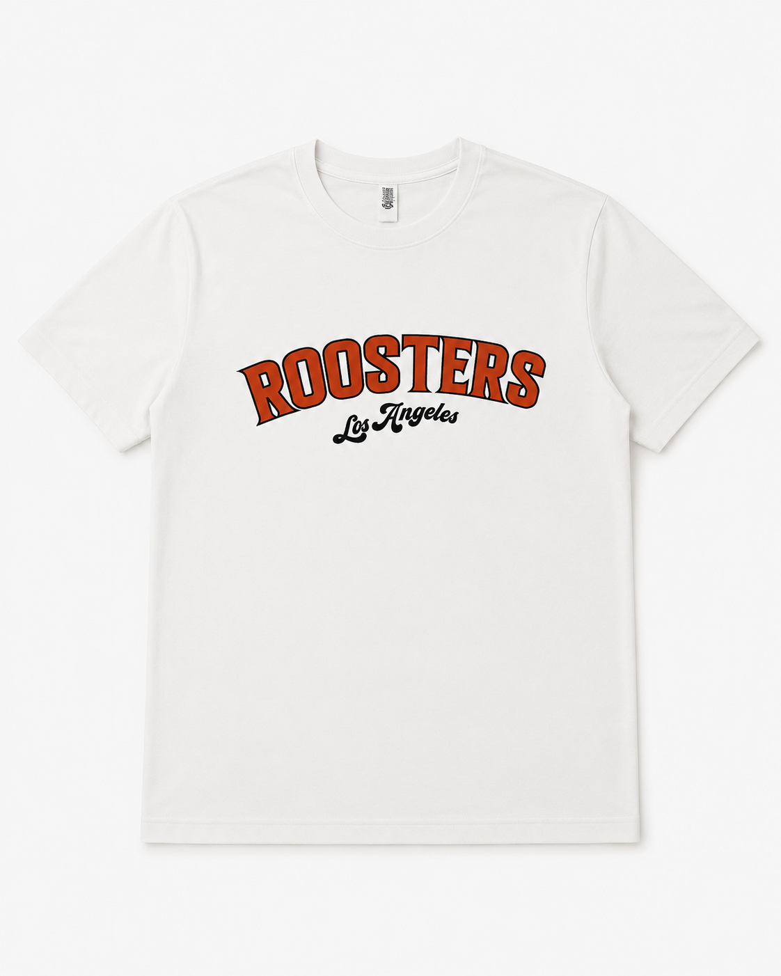 Roosters Los Angeles Retro Tee - white tee with arched collegiate graphic